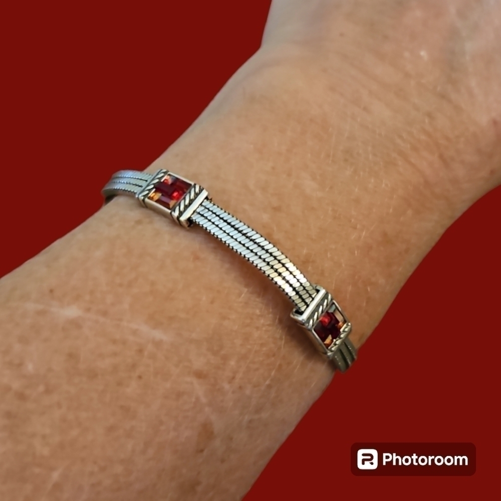 BRIGHTON Red St. Michael Michel Crystal Gem Silver Plated Bracelet